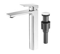 Chrome Vessel Sink Facuet Single Handle Tall Bathroom Sink Faucet Bathroom Vanity Faucet Basin Mixer Tap with Water Supply Lines and Pop Up Sink Drain