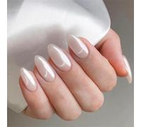 Chrome White False Nails Almond, SXVME Chrome Press On Nails Medium, Glazed Gel Fake Nails Press on Medium Stiletto, Glitter Shine Glue on Nails for Women Daily & Party Wear