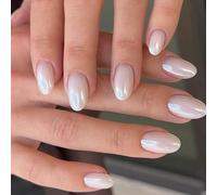 Chrome White False Nails Short, SXVME Chrome Press On Nails Short Oval, Glazed Gel Fake Nails Press on, Cute Glitter Acrylic Nails Short Almond, Natural Stick on Nails for Women Daily Wear