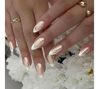 Chrome White French Tip False Nails Almond, SXVME Chrome Press On Nails Medium, Glazed French Tip Fake Nails Press on, Glitter Acrylic Nails Medium, Natural Nude Stick on Nails for Women Daily Wear