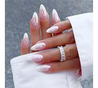 Chrome White French Tip False Nails Almond, SXVME Chrome Press On Nails Medium, Glazed French Tip Fake Nails Press on, Glitter Acrylic Nails Medium, Natural Pink Stick on Nails for Women Daily Wear