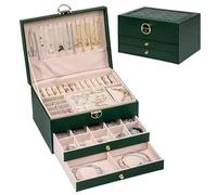 CHRONO SIMZ Elegant Jewellery Box with 3 Layers, PU Leather Storage Case, Quilted Design with Metal Lock, 2 Drawers, Green