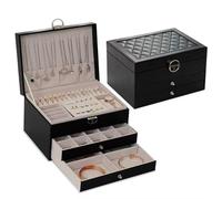 CHRONO SIMZ Elegant Jewellery Box with 3 Layers, PU Leather Storage Case, Quilted Design with Metal Lock, 2 Drawers, Black