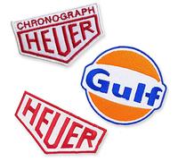 Chronograph Heuer, Gulf Oil Biker Rider Badges Iron Sew on Embroidered Patches Set