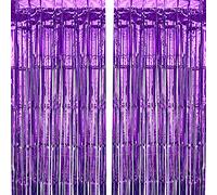 CHRORINE 2 Pcs 1 x 2.5m Purple Metallic Tinsel Foil Fringe Curtain, Backdrop Party Streamers Door Streamers Background for Wedding Bridal Shower Bachelorette Birthday Party Decorations
