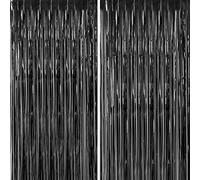 CHRORINE 2pcs 3ft x 8.3ft Black Tinsel Fringe Curtains Streamers Photo Backdrop for Birthday Graduation Halloween Anniversary Party Decorations
