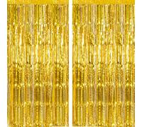 CHRORINE 2pcs 3ft x 8.3ft Gold Tinsel Foil Fringe Curtains Streamers Backdrop for Birthday Graduation Wedding Engagement Bridal Shower Bachelorette Holiday Gold Party Decorations