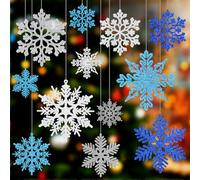 CHRORINE 52 Pack Blue White Sliver Glitter Snowflake Ornaments Snow Flakes Decorating Christmas Ornaments for Christmas Tree Decorations Window Door Accessories New Year Party Decorations