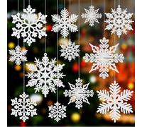 CHRORINE 52 Pack White Glitter Snowflake Ornaments Snow Flakes Decorating Christmas Ornaments for Christmas Tree Decorations Window Door Accessories New Year Party Decorations