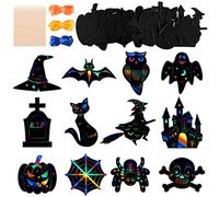 CHRORINE 60Pcs Halloween Theme Scratch Paper Pumpkin Bat Castle Craft Kit with 20pcs Bamboo Styluses and 24M Ribbons for DIY Halloween Party Supplies