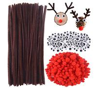 CHRORINE 830 Pcs Christmas Pipe Cleaners Craft Set, Christmas Craft supplies, 150 Pcs Brown Pipe Cleaners Chenille, 360 Pcs Googly Eyes, 320 Pcs Red Pom Poms for Christmas Reindeer DIY Crafts
