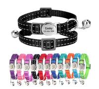 CHRYMPETIC Nylon Personalized Cat Collar with Name, Customizable Laser-Engraved, Reflective Strip, Charming Bell, Quick Release Buckle for Kittens and Cats - Matching Leash Available (Black)