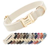CHRYMPETIC Polyester Personalized Dog Collar with Name and Phone Number, Customizable Laser-Engraved Collar with Metal Quick Release Buckle for Dogs (Beige)