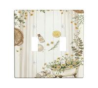 Chrysanthemum Bathroom Double Light Switch Cover Plate, Rustic Botanical Lemon Eucalyptus Spring Cream Plastic Standard Size Decorative Wall Plates for New Apartment Home Bedroom Office Decor