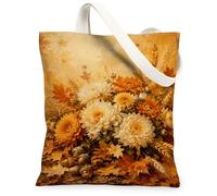 Chrysanthemum Canvas Tote Bag, Floral Rustic Maple Leaf Acorns Fall Yellow Grocery Bags 13x15 Inch, Yellow, 13x15 Inch