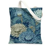 Chrysanthemum Canvas Tote Bag for Women, Botanical Elegant Leaves Floral Spring Blue Washable Reusable Shopping Bags Ideas, Blue, 13x15 Inch