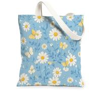Chrysanthemum Canvas Tote Bag for Women, Spring Floral Butterfly Flower Spring Blue Washable Reusable Graphic Tote Bag Idea, Blue, 13x15 Inch