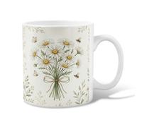 Chrysanthemum Ceramic Coffee Mug, Floral Vintage Butterfly Bee Spring White Novelty Office Drinking Cup with Handle Ideal for Friends Family Coworkers Teachers Couples Employees 11 Oz