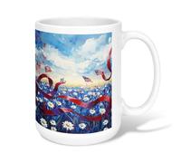 Chrysanthemum Ceramic Coffee Mug, Patriotic Artistic Red Ribbon America Flags Summer Blue Novelty Tea Cup with Handle Ideal for Friends Family Coworkers Teachers Couples Employees 15 Oz