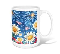Chrysanthemum Ceramic Coffee Mug, Patriotic Festive Fireworks America Flag Summer Blue Novelty Hot Chocolate Mug with Handle Ideal for Friends Family Lovers Eldership Senior Co-Worker 15 Oz