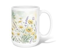 Chrysanthemum Ceramic Coffee Mug, Spring Floral Butterfly Lavender Spring Yellow Novelty Hot Chocolate Mug with Handle Ideal for Friends Family Lovers Eldership Senior Co-Worker 15 Oz