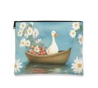 Chrysanthemum Cosmetic Bag, Cute Duck Boat Pattern Travel Pouch for Women, Portable Small Canvas Zipper Organizer, Summer Toiletry Bag, Blue, 7x9 Inch, Duck