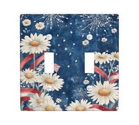Chrysanthemum Double Light Switch Cover Plate, Patriotic Festive Fireworks Ribbon Summer Blue Plastic Standard Size Decorative Wall Plates for Living Room Bedroom Home Office Decor