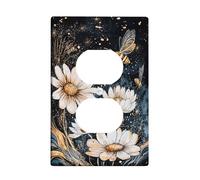 Chrysanthemum Duplex Outlet Covers Wall Plate, Nature-Inspired Artistic Bee Gold Sparkles Summer Black Plastic Standard Size Face Plates for Electrical Outlets for Home Living Room Bedroom Decor