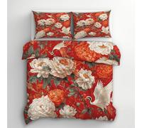 Chrysanthemum Duvet Cover Emperor Bedding Set, Red Floral Crane Pattern, Reversible Design Bedroom Decor Bed Quilt Cover with 2 Pillowcases, Microfiber, Zip - SMK30841