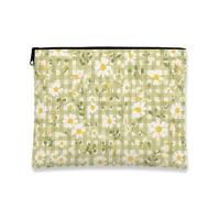 Chrysanthemum Gingham Makeup Bag, Vintage Green Floral Cosmetic Travel Pouch for Women, Portable Small Canvas Zipper Organizer, Spring Skincare Toiletry Bag, Green, 7x9 Inch, Chrysanthemum