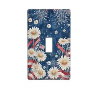 Chrysanthemum Single Light Switch Cover Plate, Patriotic Festive Fireworks Ribbon Summer Blue Plastic Standard Size Decorative Wall Plates for Home Living Room Bedroom Bathroom Decor (Single)