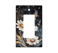 Chrysanthemum Single Rocker Light Switch Cover, Nature-Inspired Artistic Bee Gold Sparkles Summer Black Plastic Standard Size Accents Wall Switch Plates for Living Room Bedroom Home Office Decor