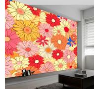 Chrysanthemum Sunflower Panoramic Wall Mural, Custom Photo Wallpaper - Watercolor Plants Non-Woven Premium Fleece Large Wall Mural W200 x H140 cm for Living Room Bedroom Home Decoration