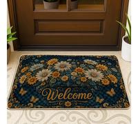 Chrysanthemum Welcome Door Mat, Vintage Rustic Butterfly Floral Spring Navy Rubber Non-Slip Under Doormat Rug for House Office Outside Inside Entrance Decor 29x17 Inch