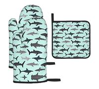 Chrysm Cartoon Sharks Oven Mitts and Potholders BBQ Gloves and Holders for Cooking Baking (3-Piece Set)
