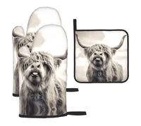Chrysm Funny Highland Cow Oven Mitts and Potholders BBQ Gloves and Holders for Cooking Baking (3-Piece Set)