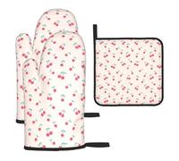 Chrysm Lovely Sweet Red Cherry Oven Gloves-2 Gloves And 1 Pot Holders Sets,Kitchen Oven Mitts Microwave,Bbq-Heat Resistance