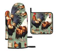Chrysm Rooster and Chicken Oven Gloves-2 Gloves and 1 Pot Holders Sets,Kitchen Oven Mitts Microwave,BBQ-Heat Resistance