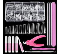 CHSEEO Clear Nail Tips Set, 500 Pcs Fake Nails Manicure Decorations Full Cover with Glue, Cuticle Pusher, Nail Clipper Files, Tweezer, 10 Sizes, for Women Girls Nail Salon and Nail Art DIY