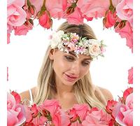 CHSEEO Floral Crown White Headband Adult, Adjustable Ribbon Hair Wreath Hair Garland Flower Floral Headpiece for Bride Women Girls Boho Wedding Party Festival Masquerade Halloween Day of The Dead