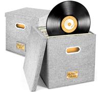CHSG Vinyl Record Storage Box for 45+ Single LPs (12-Inch), Records Organizer for Albums, CDs, Passports, Magzine, Files, Document File Folder Cabinet Organizer Case with Handle - Grey