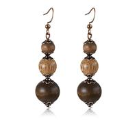 Chsoejuf 2PCS Vintage Brown Wood Beaded Dangle Drop Earrings for Women Gift | Handmade Nature Wooden Earring Minimalist Long Bead Retro Chic Ethnic Bohemian Statement Geometric Lightweight Jewelry Tribal