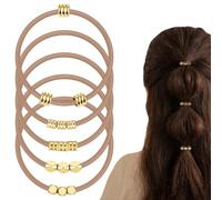 Chsoejuf 5PCS Light Brown Boho Elastic Hair Tie Bracelet with Gold Beads | Blonde Aesthetic Ponytail Holder Boho Jewelry Hair Accessories Bling No Damage for Thick Thin Curly Hair Women