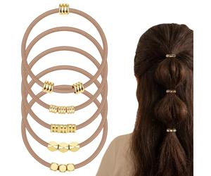 Chsoejuf 5PCS Light Brown Boho Elastic Hair Tie Bracelet with Gold Beads | Blonde Aesthetic Ponytail Holder Boho Jewelry Hair Accessories Bling No Damage for Thick Thin Curly Hair Women
