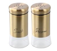 Chstarina Pack of 2 Gold Salt Pepper Shakers 150ml, 11.5X 5.5cm Stainless Steel Salt and Pepper Shakers Set with Glass Bottle for Kitchen, Dining Table, BBQ, Restaurant, Camping