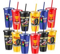 Chuangdi 12 Pcs Plastic Tumbler with Lid and Straw Theme Cups 24oz Reusable Cups Gifts for Kids Men Women Birthday Party Supplies Favors (Race Car)