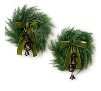 Chuangdi 2 Pcs Christmas Norfolk Wreath with Cypress Cow Bells and Velvet Ribbon Bow 11.8" Faux Pine Greenery Winter Wreath Rustic Swag for Xmas Home Table Wall Window Porch Door Indoor Outdoor Decor