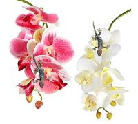 Chuangdi 2 Pieces Artificial Phalaenopsis with Suction Cups Terrarium Plant Decoration Reptile Habitat Plant Decor for Hermit Crab Lizards Geckos Snake Reptile (Dark Pink, White Yellow)