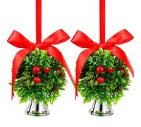 Chuangdi 2 Pieces Christmas Mistletoe Hanging Balls Holiday Artificial Mistletoe Balls Xmas Kissing Ball Decorations with Bow Knots and Bells for Home Christmas Party Decor, 5 Inch