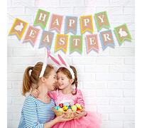 Chuangdi 2 Pieces Easter Burlap Banners Easter Bunting Felt Garland Happy Easter and Bunny Pattern for Easter Party Supplies